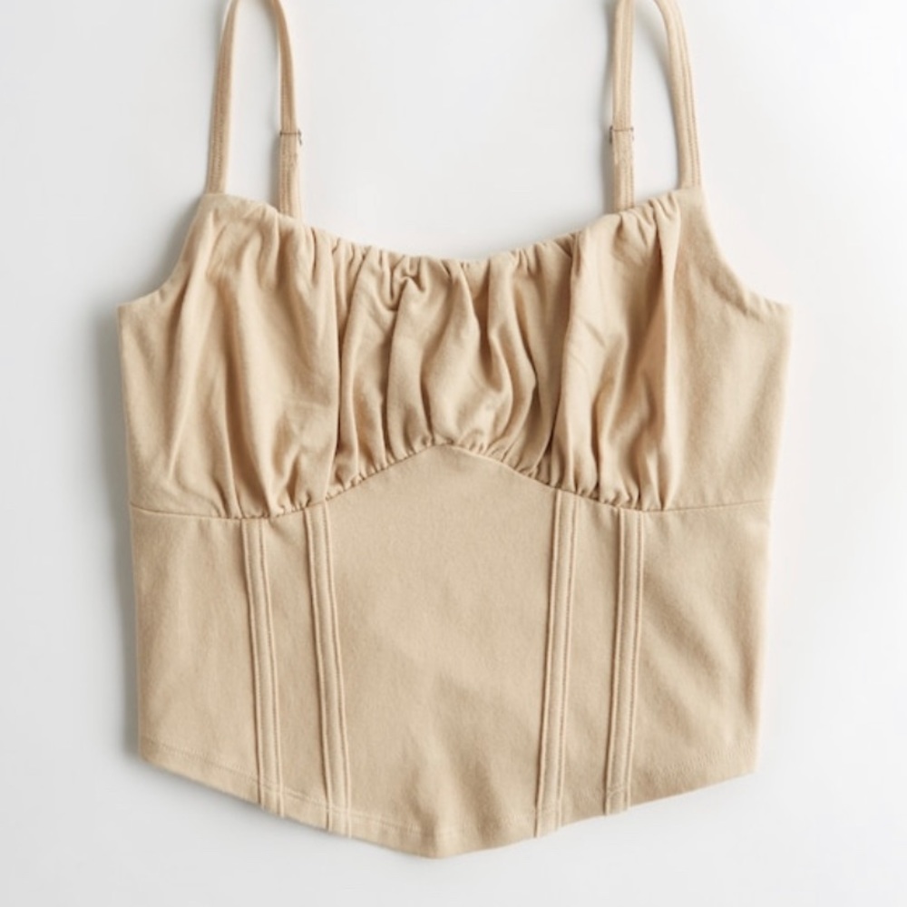 “RUCHED SEAM CROP CAMI” hollister tan corset seam cropped tank top